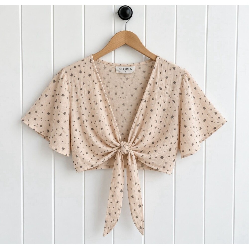 Storia Women's Wide Sleeve Tie Waist Crop Top Light Peach Stars Size Small